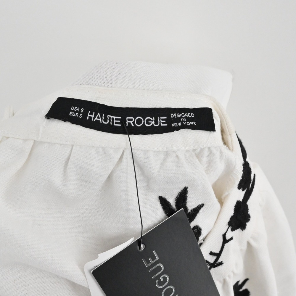 Haute Rogue Embroidered Blouse Womens Size S White Black Floral Cotton Cottage - Picture 6 of 10